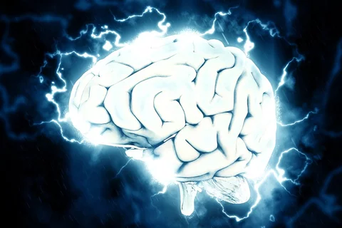 Photo illustration of a brain in blue and gray colors.